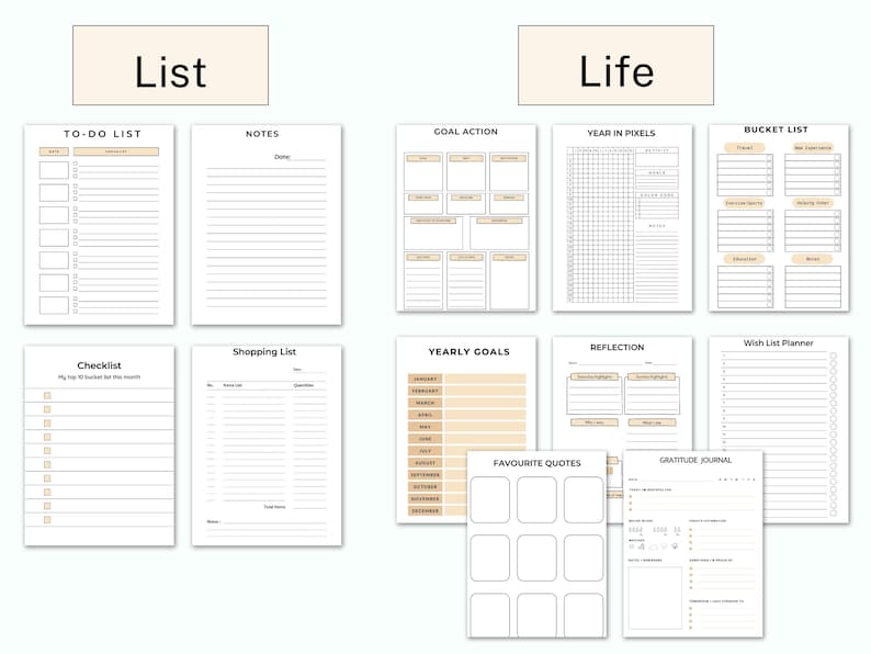 May include: A printable planner with sections for to-do lists, notes, goal action, year in pixels, bucket list, checklist, shopping list, yearly goals, reflection, wish list planner, favorite quotes, and gratitude journal. The planner has a beige and white color scheme.