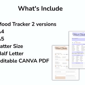 May include: A digital mood tracker with two versions, A4, A5, Letter Size, Half Letter, and editable CANVA PDF. The image shows two mood tracker templates with a soft color palette, featuring sections for daily mood and activity tracking.