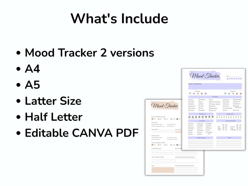 May include: A digital mood tracker with two versions, A4, A5, Letter Size, Half Letter, and editable CANVA PDF. The image shows two mood tracker templates with a soft color palette, featuring sections for daily mood and activity tracking.
