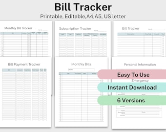 May include: Printable bill tracker templates in six different versions. The templates include sections for monthly bills, subscriptions, bill payments, and personal information. The text "Easy To Use", "Emergency", "Instant Download", and "6 Versions" is displayed on the page.