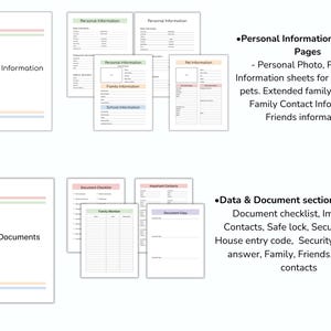 Pu&ograve; includere: Un documento bianco con il testo "Informazioni personali" e "Dati e documenti" viene visualizzato. L'immagine mostra anche diverse pagine con campi compilabili per dati personali, familiari e di contatto.