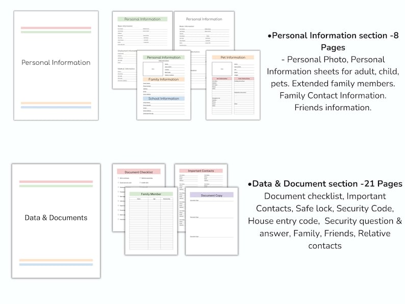 Pu&ograve; includere: Un documento bianco con il testo "Informazioni personali" e "Dati e documenti" viene visualizzato. L'immagine mostra anche diverse pagine con campi compilabili per dati personali, familiari e di contatto.