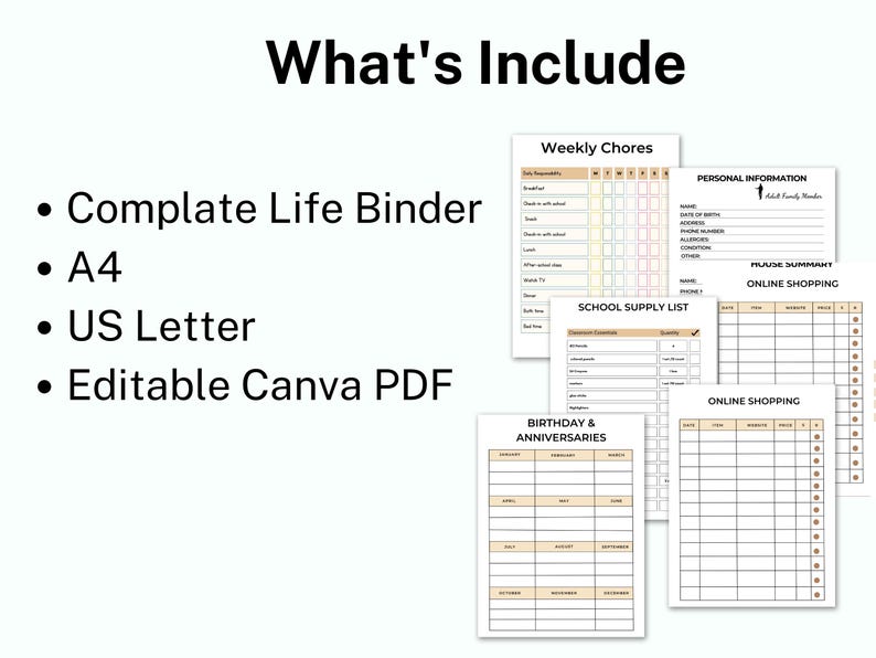 May include: A digital printable life binder with pages for weekly chores, school supply lists, birthday and anniversaries, personal information, praise summary, and online shopping. The pages are in a white and beige color scheme.