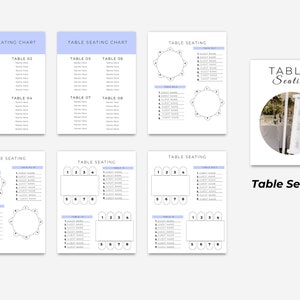 May include: Printable table seating chart template with a light blue background. The chart includes a table seating plan with numbered tables and spaces for guest names. The text "Table Seating" is printed at the top of the page.