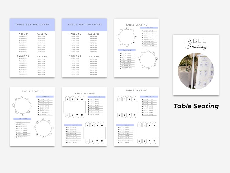 May include: Printable table seating chart template with a light blue background. The chart includes a table seating plan with numbered tables and spaces for guest names. The text "Table Seating" is printed at the top of the page.
