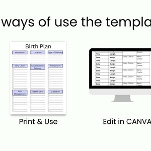 May include: An image showing a birth plan template with two options for use. One is a printed document with sections for details, location, and delivery type. The other is a digital template on a computer screen, editable in CANVA.