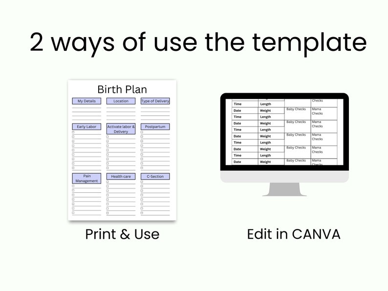 May include: An image showing a birth plan template with two options for use. One is a printed document with sections for details, location, and delivery type. The other is a digital template on a computer screen, editable in CANVA.