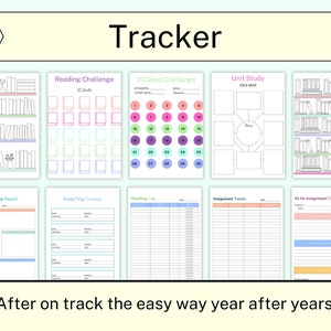 May include: A collection of printable tracker pages with the word "Tracker" at the top. The pages include a reading challenge, 30-day challenge, unit study, field trip report, and assignment tracker. The text "After on track the easy way year after years!" is at the bottom.