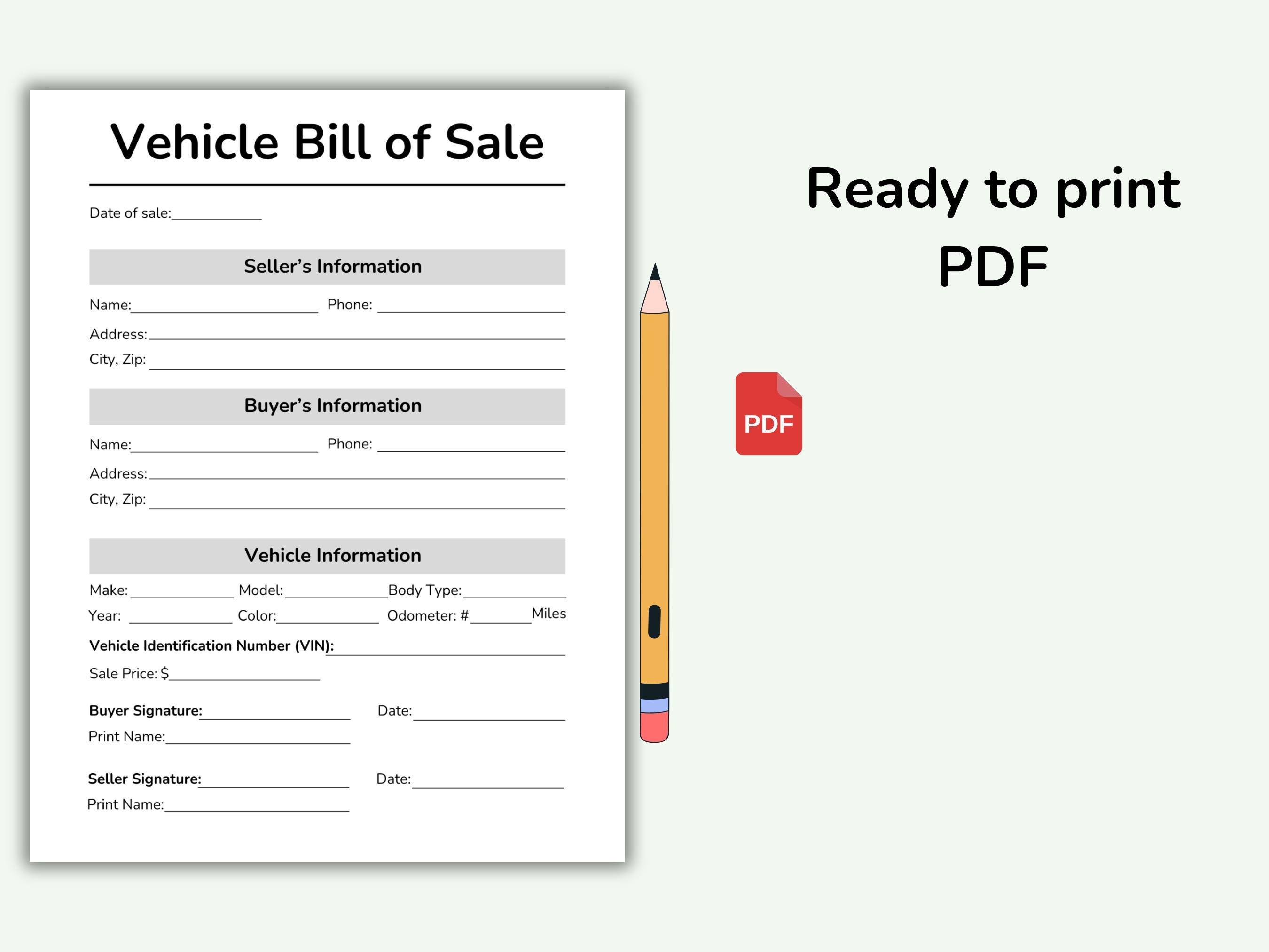 Vehicle Bill of Sale Template, Motor Vehicle Bill of Sale, Auto ...
