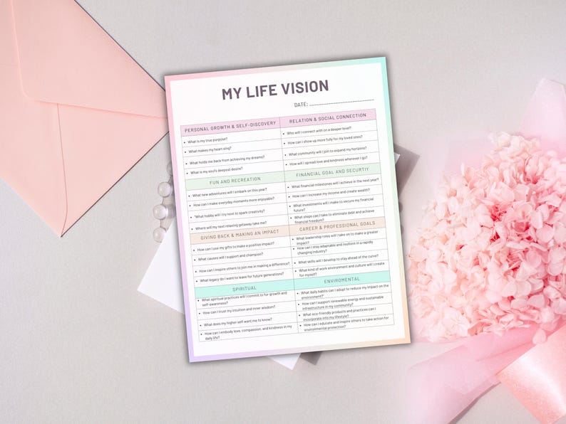 Puede incluir: Una hoja de trabajo imprimible titulada "Mi Visi&oacute;n de Vida" con un fondo arco&iacute;ris pastel. La hoja de trabajo est&aacute; dividida en diez secciones: Crecimiento personal y autodescubrimiento, Relaci&oacute;n y conexi&oacute;n social, Diversi&oacute;n y recreaci&oacute;n, Devolver y hacer un impacto, Espiritual, Medioambiental, Objetivo financiero y seguridad, Objetivos profesionales y de carrera, Oportunidades y Fecha.