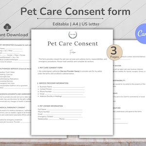 Op de afbeelding: Een afdrukbaar toestemmingsformulier voor dierenverzorging met de titel "Pet Care Consent Form" in een minimalistisch ontwerp. Beschikbaar in A4- en US letter-formaten, direct te downloaden. Bevat secties voor diergegevens, geautoriseerde diensten en eigenaarsgegevens.