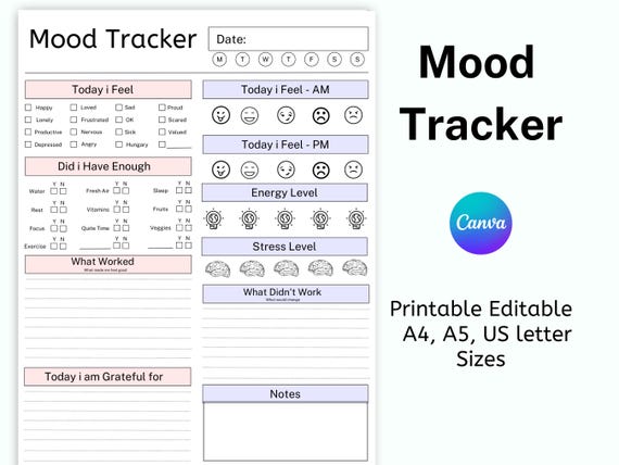 Daily Mood Log Printable, Daily Mood Tracker PDF, Daily Mood Journal Template, Weekly Monthly Mood Tracker, ADHD Planner, Mood,  Printable