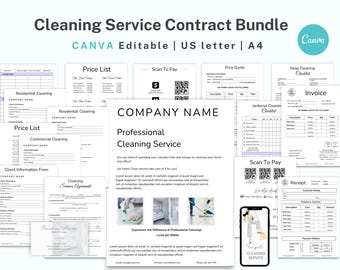 以下が含まれることがあります： Canva 用の白黒印刷可能な清掃サービス契約バンドル。バンドルには、価格表、顧客情報フォーム、清掃サービス契約、見積もり、徹底的な清掃チェックリスト、管理人清掃チェックリスト、請求書、領収書、スキャンして支払うフォームが含まれています。ページの上部に「COMPANY NAME」というテキストがあります。