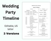Wedding Party Day Timeline Template, Bridal Party Timeline Wedding Agenda, Wedding Day Binder, Wedding Day Timeline Schedule, Wedding