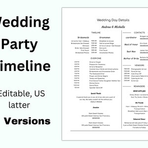 Wedding Party Day Timeline Template, Bridal Party Timeline Wedding Agenda, Wedding Day Binder, Wedding Day Timeline Schedule, Wedding