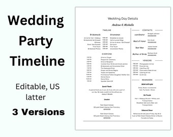 Könnte beinhalten: Eine schwarz-weiße Hochzeit-Zeitplan-Vorlage mit dem Titel "Wedding Day Details" und den Namen "Andrew & Michelle". Der Zeitplan enthält Details für die Brautjungfern, Trauzeugen, alle, Anbieter und Erinnerungen. Die Vorlage enthält auch Kontaktinformationen für den Koordinator, die Trauzeugin, den Trauzeugen und die Mutter der Braut.