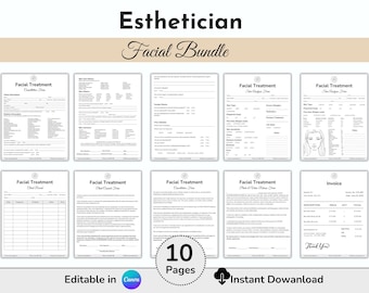 Op de afbeelding: Een printbare bundel van 10 pagina's voor schoonheidsspecialisten, inclusief gezichtsbehandelingsformulieren, een intakeformulier voor klanten en een factuur. De tekst "Facial Treatment" en "Facial Bundle" is zichtbaar in de afbeelding. De tekst "Editable in Canva" en "Instant Download" is ook zichtbaar in de afbeelding.