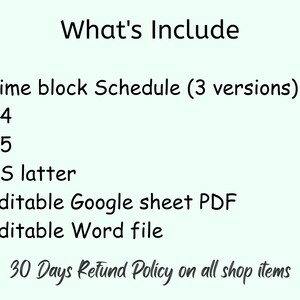 Puede incluir: Un fondo blanco con texto negro que dice "What's Include" seguido de una lista con vi&ntilde;etas de los elementos incluidos en una programaci&oacute;n de bloques de tiempo imprimible: Programaci&oacute;n de bloques de tiempo (3 versiones), A4, A5, carta de EE. UU., Hoja de c&aacute;lculo de Google editable PDF, archivo de Word editable y pol&iacute;tica de reembolso de 30 d&iacute;as en todos los art&iacute;culos de la tienda.