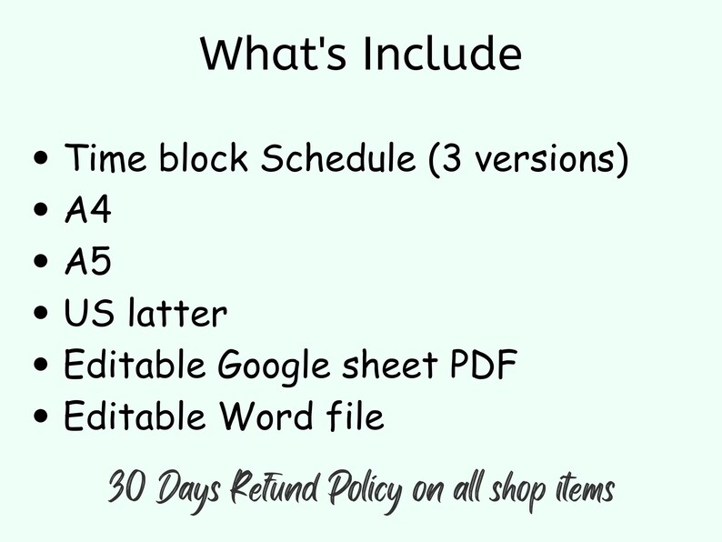 Puede incluir: Un fondo blanco con texto negro que dice "What's Include" seguido de una lista con vi&ntilde;etas de los elementos incluidos en una programaci&oacute;n de bloques de tiempo imprimible: Programaci&oacute;n de bloques de tiempo (3 versiones), A4, A5, carta de EE. UU., Hoja de c&aacute;lculo de Google editable PDF, archivo de Word editable y pol&iacute;tica de reembolso de 30 d&iacute;as en todos los art&iacute;culos de la tienda.