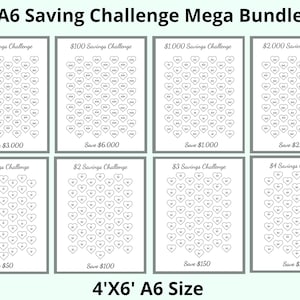 May include: A collection of eight A6 size saving challenge printables. Each printable features a grid of heart shapes with dollar amounts inside. The text on the printables includes "$50 Savings Challenge", "$100 Savings Challenge", and "Save $3,000".
