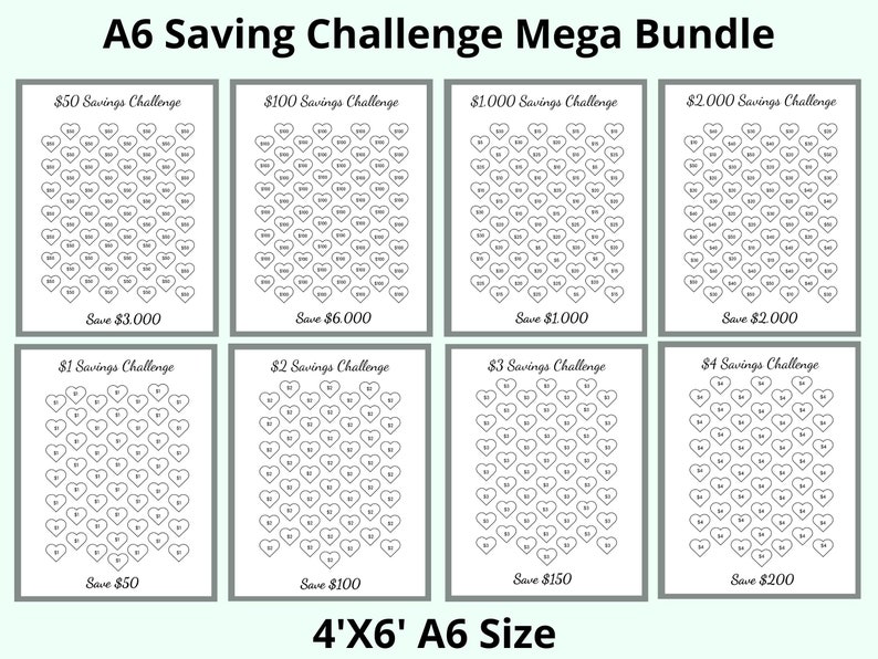 May include: A collection of eight A6 size saving challenge printables. Each printable features a grid of heart shapes with dollar amounts inside. The text on the printables includes "$50 Savings Challenge", "$100 Savings Challenge", and "Save $3,000".