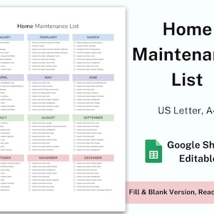 Peut inclure: Une liste de contr&ocirc;le d'entretien de la maison imprimable organis&eacute;e par mois. La liste de contr&ocirc;le est au format Google Sheet et est pr&ecirc;te &agrave; &ecirc;tre imprim&eacute;e. La liste de contr&ocirc;le comprend des t&acirc;ches telles que l'inspection des goutti&egrave;res, le nettoyage des fen&ecirc;tres et la v&eacute;rification des appareils.