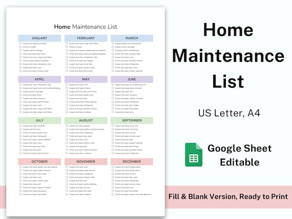 Home Maintenance Log, Yearly Home Checklist, Household Cleaning Chores, Home Inspection Tracker, Home Binder, House Checklist PDF, Printable
