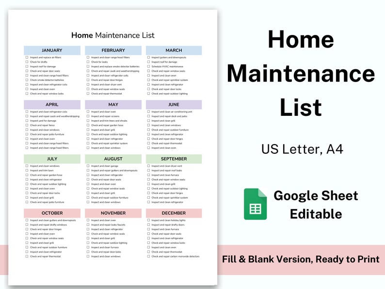 Peut inclure: Une liste de contr&ocirc;le d'entretien de la maison imprimable organis&eacute;e par mois. La liste de contr&ocirc;le est au format Google Sheet et est pr&ecirc;te &agrave; &ecirc;tre imprim&eacute;e. La liste de contr&ocirc;le comprend des t&acirc;ches telles que l'inspection des goutti&egrave;res, le nettoyage des fen&ecirc;tres et la v&eacute;rification des appareils.