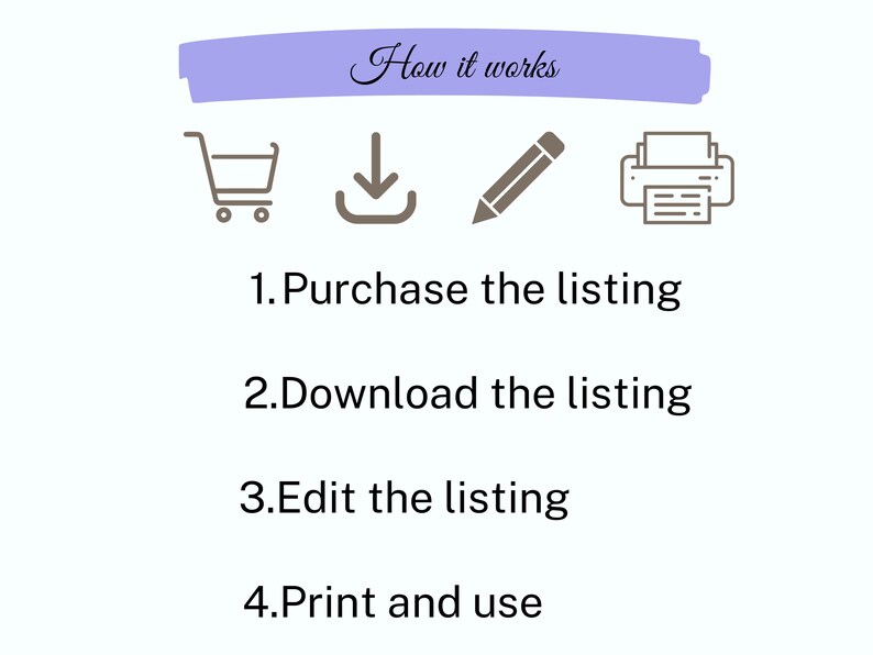 May include: A graphic showing the steps to purchase, download, edit, and print a digital listing. The steps are illustrated with icons of a shopping cart, a download arrow, a pencil, and a printer.