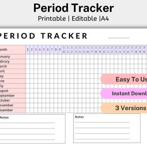 May include: A printable period tracker with a grid for tracking your cycle. The tracker has a pink and white color scheme and includes the months of the year, numbers 1-31, and space for notes. The text "Easy To Use", "Instant Download", and "3 Versions" is also included.