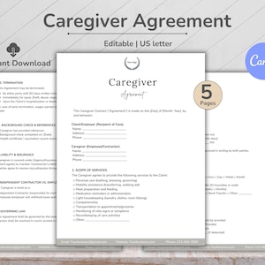 Caregiver Agreement Template, Caregiver Form, Caregiver Schedule, Employment Agreement, Homecare Documents, Personal Care Service Agreement