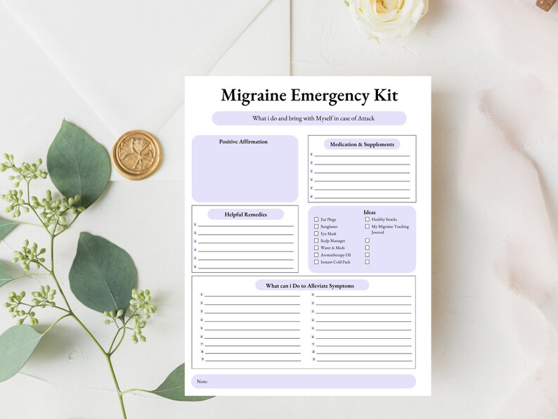 May include: A printable migraine emergency kit checklist with sections for positive affirmations, medication and supplements, helpful remedies, ideas, and what to do to alleviate symptoms. The checklist includes a list of ideas such as earplugs, eye mask, scalp massage, aromatherapy oil, and instant cold pack.