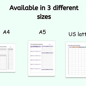 Puede incluir: Tres plantillas de programaci&oacute;n de bloqueo de tiempo imprimibles en diferentes tama&ntilde;os: A4, A5 y US Letter. Cada plantilla tiene un dise&ntilde;o de cuadr&iacute;cula con columnas para los d&iacute;as de la semana y filas para las franjas horarias. Las plantillas est&aacute;n dise&ntilde;adas para organizar y planificar tu d&iacute;a.