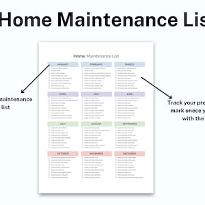 Peut inclure: Une liste de contr&ocirc;le d'entretien m&eacute;nager imprimable avec une ventilation mensuelle des t&acirc;ches. La liste de contr&ocirc;le est organis&eacute;e par mois, chaque mois ayant une liste de t&acirc;ches &agrave; effectuer. La liste de contr&ocirc;le est con&ccedil;ue pour aider les propri&eacute;taires &agrave; suivre l'entretien de leur maison et &agrave; s'assurer que leur maison est bien entretenue.
