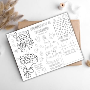 May include: Black and white wedding activity sheet with the names Kimberly & Richard. Includes a maze, tic-tac-toe, and a cake decorating activity. Features illustrations of a wedding car, cake, bouquet, and doves.