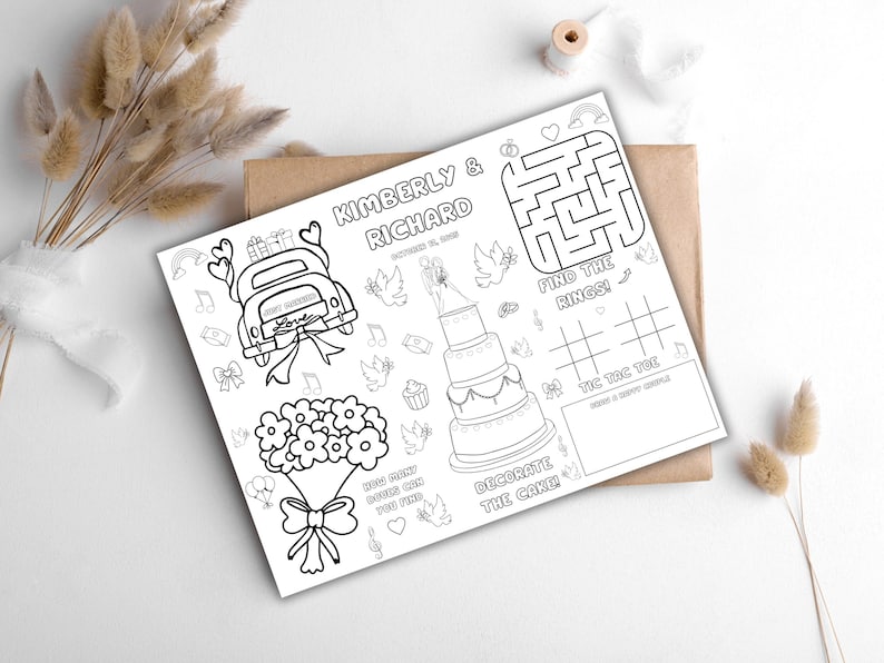 May include: Black and white wedding activity sheet with the names Kimberly & Richard. Includes a maze, tic-tac-toe, and a cake decorating activity. Features illustrations of a wedding car, cake, bouquet, and doves.