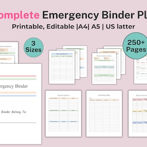 Op de afbeelding: Een digitale, printbare noodmap met meer dan 250 pagina's, verkrijgbaar in drie formaten: A4, A5 en US letter. De map bevat secties voor persoonlijke medische geschiedenis, vaccinatieregisters, symptoomtracker, maandelijkse rekeningen, abonnementen en kortetermijndoelen voor geld. De omslag heeft een lichtblauw, roze en groen gestreept ontwerp met de tekst "Emergency Binder" en "This Binder Belong To:".