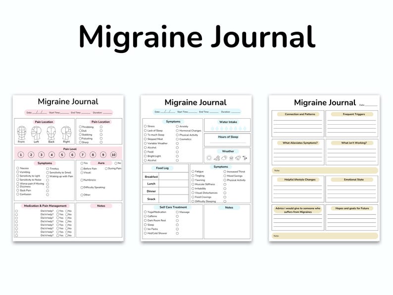 May include: Three printable pages of a migraine journal with sections for tracking pain location, symptoms, food log, self-care treatment, and more. The pages are white with light blue and pink accents.