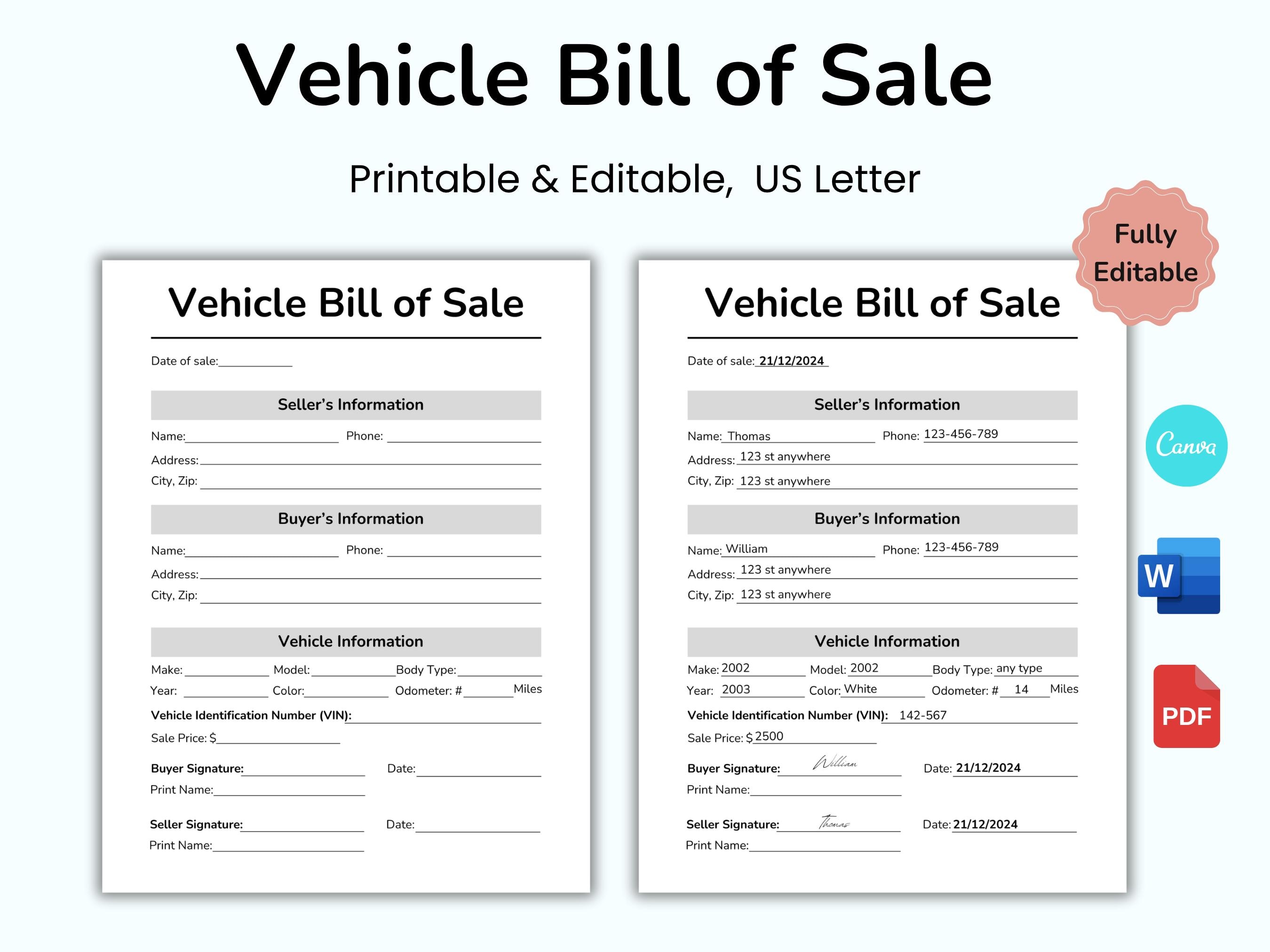 Vehicle Bill of Sale Template, Motor Vehicle Bill of Sale, Auto ...
