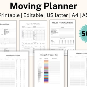 Pode incluir: Planeador de mudança imprimível com listas de verificação e rastreadores para a procura de casas, inventário e embalagem. Inclui seções para A procura de casas, Lista de verificação da procura de casas, Notas da procura de casas, Rastreador de inventário e Chave de cor da etiqueta da caixa.