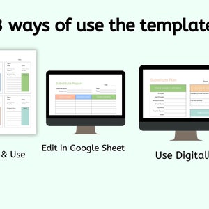 May include: A digital illustration showing three ways to use a printable template. The template is shown on a computer screen and includes a field trip planner, a substitute report, and a substitute plan. The text "Print & Use", "Edit in Google Sheet", and "Use Digitally" are shown below each image.
