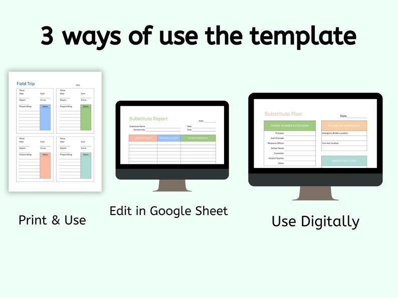 May include: A digital illustration showing three ways to use a printable template. The template is shown on a computer screen and includes a field trip planner, a substitute report, and a substitute plan. The text "Print & Use", "Edit in Google Sheet", and "Use Digitally" are shown below each image.