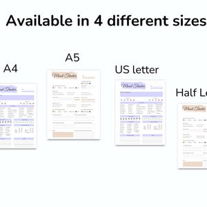 May include: Four mood tracker printables in different sizes: A4, A5, US letter, and Half Letter. Each sheet has a soft color palette with the words "Mood Tracker" at the top. The sheets are designed to help track moods and feelings.