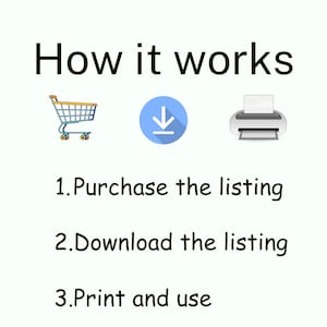 May include: How it works: 1. Purchase the listing, 2. Download the listing, 3. Print and use. Illustrated with a shopping cart, a download icon, and a printer.
