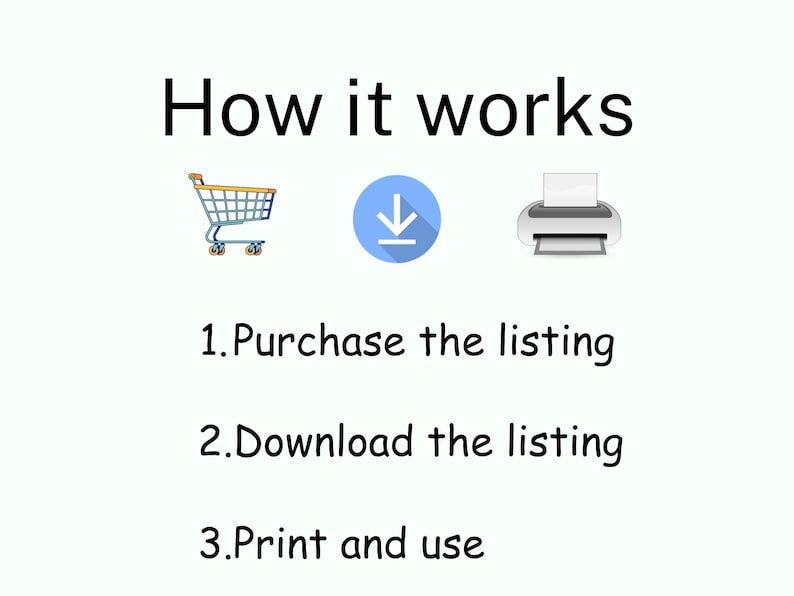 May include: How it works: 1. Purchase the listing, 2. Download the listing, 3. Print and use. Illustrated with a shopping cart, a download icon, and a printer.
