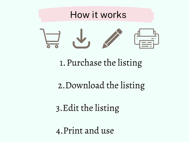 May include: A graphic showing how to purchase, download, edit, and print a digital listing. The graphic includes icons of a shopping cart, a download arrow, a pencil, and a printer.