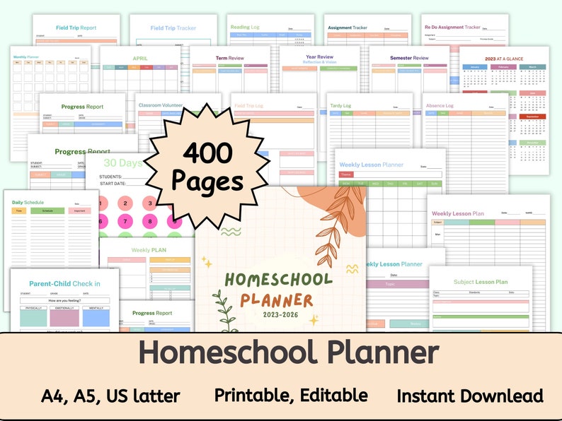 May include: A colorful homeschool planner with 400 pages, featuring a variety of printable worksheets and templates. The planner includes a weekly lesson planner, progress reports, field trip trackers, and more. The cover features a floral design and the text "Homeschool Planner 2023-2026".