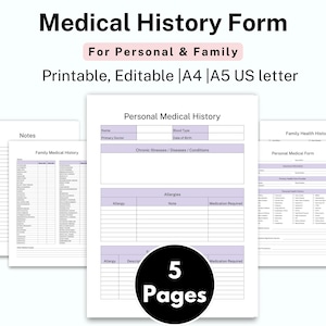 Medical History Printable Template, Medical History Form, Medical History Log, Patient History, Medical Binder, Personal Health History