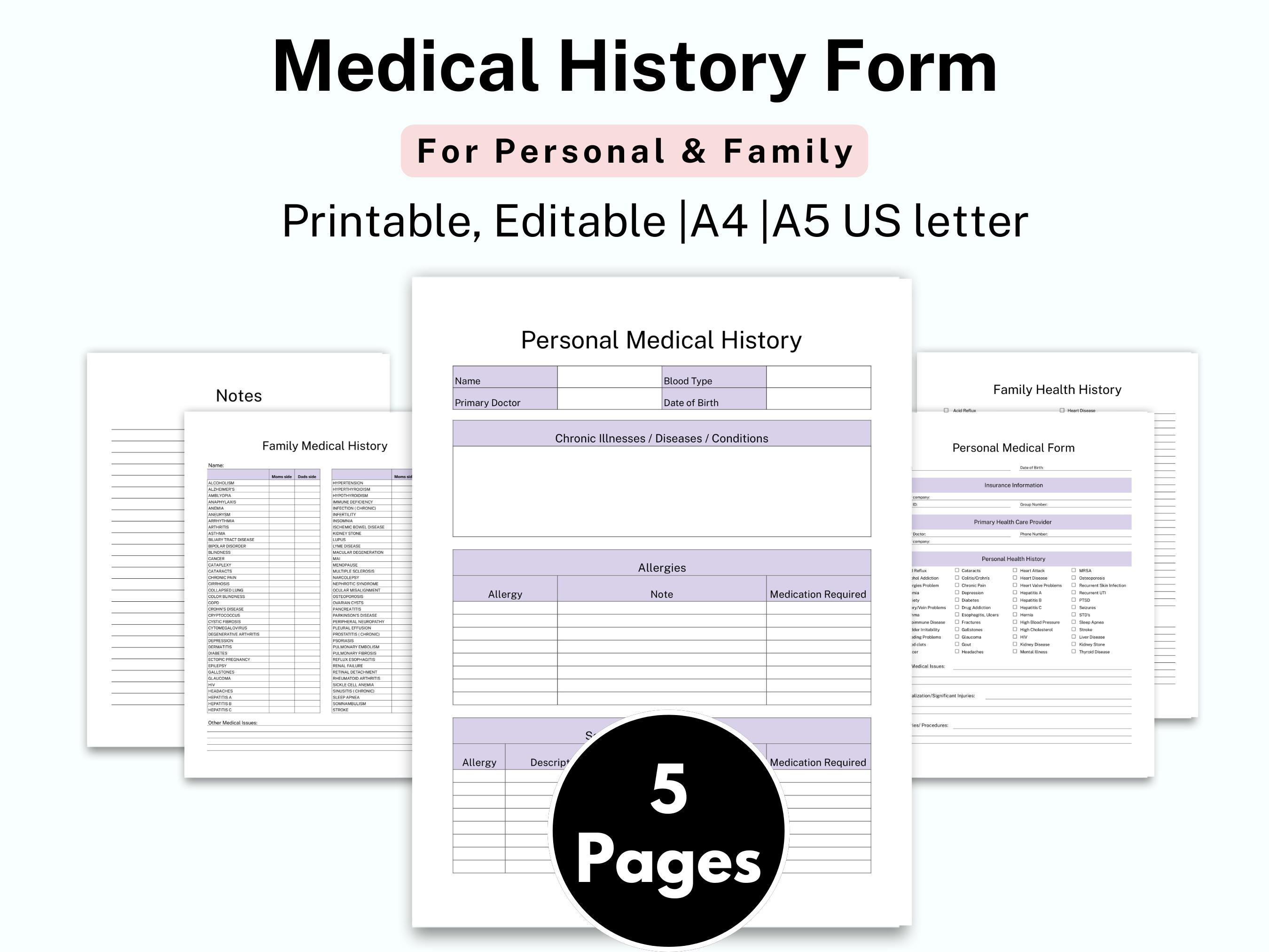 Medical History Printable Template, Medical History Form, Medical History Log, Patient History, Medical Binder, Personal Health History
