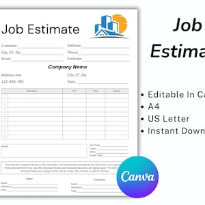 Könnte beinhalten: Ein weißes Job Estimate-Formular mit Feldern für Kunden- und Unternehmensinformationen. Das Formular enthält Abschnitte für Beschreibung, Menge, Preis und Betrag. Der Text "Job Estimate" steht oben, mit "Editable in Canva" rechts.